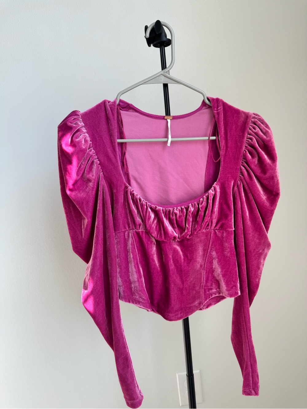 Free People Hold Me Pink Velvet Corset Puff Sleeve Top Size XS